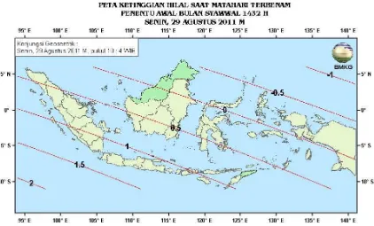 Gambar 2. Peta ketinggian Hilal tanggal 29 Agustus 2011 untuk pengamat di Indonesia 