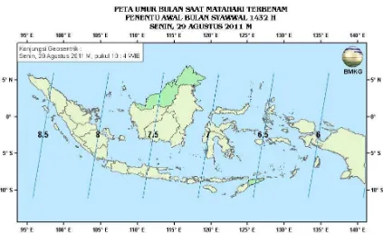 Gambar 4. Peta Elongasi tanggal 29 Agustus 2011 untuk pengamat di Indonesia 