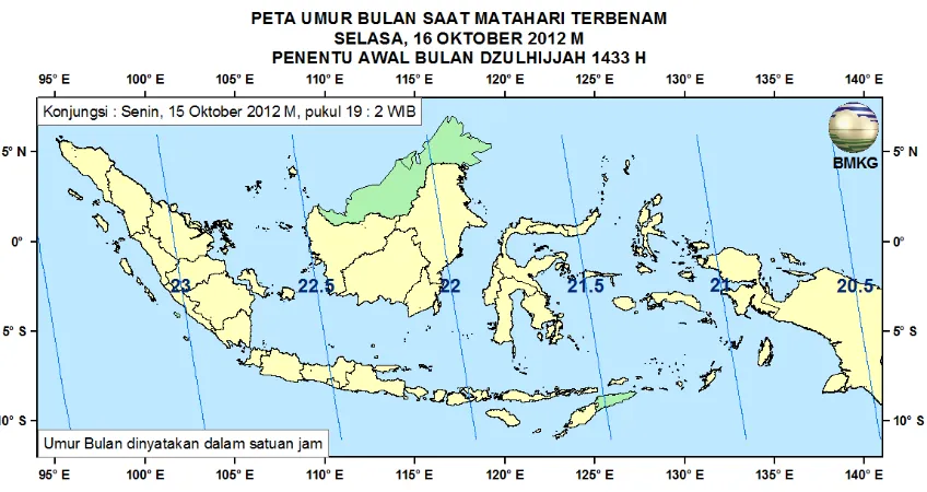 Gambar 3. Peta Elongasi tanggal 16 Oktober 2012 untuk pengamat di Indonesia 