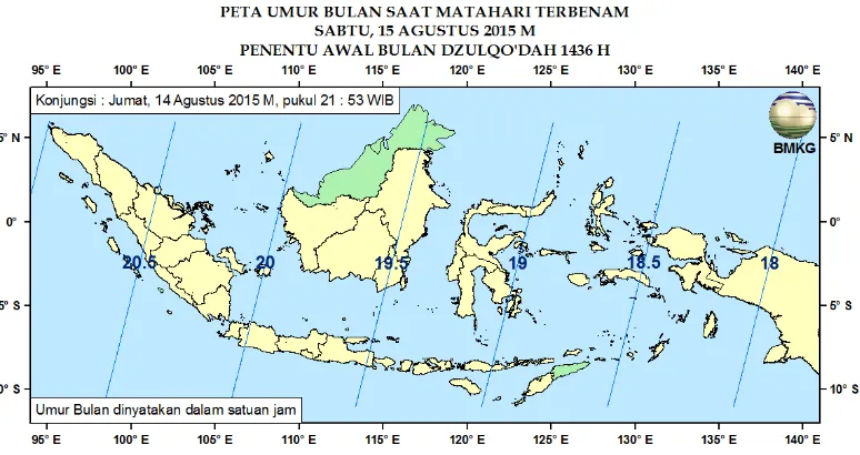 Gambar 3. Peta Elongasi tanggal 15 Agustus 2015 untuk pengamat di Indonesia 