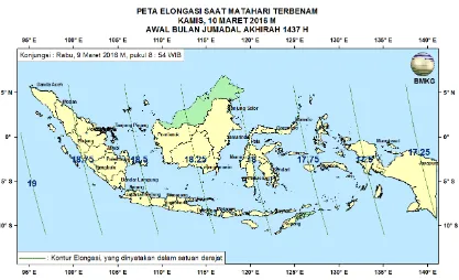 Gambar 3. Peta Elongasi tanggal 9 Maret 2016 untuk pengamat di Indonesia 