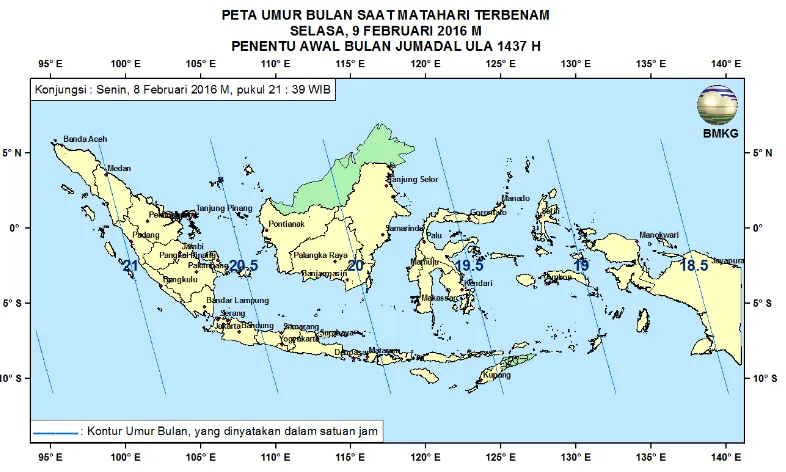 Gambar 3. Peta Elongasi tanggal 9 Februari 2016 untuk pengamat di Indonesia 