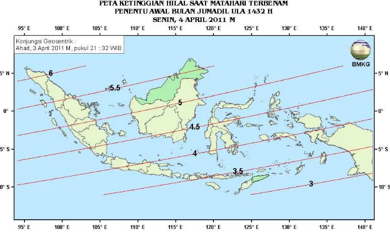 Gambar 2. Peta ketinggian Hilal tanggal 4 April 2011 untuk pengamat di Indonesia 