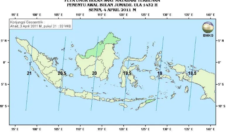 Gambar 4. Peta Elongasi tanggal 4 April 2011 untuk pengamat di Indonesia 