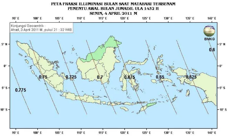 Gambar 7. Peta Fraksi Illuminasi Bulan tanggal 4 April 2011 untuk pengamat di Indonesia 
