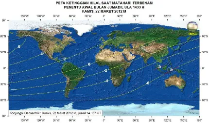 Gambar 1. Peta ketinggian Hilal tanggal 22 Maret 2011 untuk pengamat antara 60o LU s.d