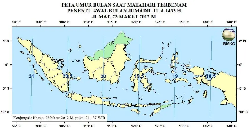 Gambar 3. Peta Elongasi tanggal 23 Maret 2012 untuk pengamat di Indonesia 