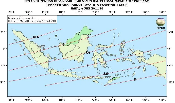 Gambar 4. Peta ketinggian Hilal dari horison teramati tanggal 3 Mei 2011 di Indonesia 