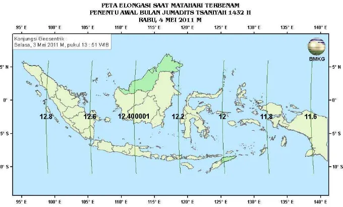 Gambar 7. Peta Elongasi tanggal 4 Mei 2011 untuk pengamat di Indonesia 