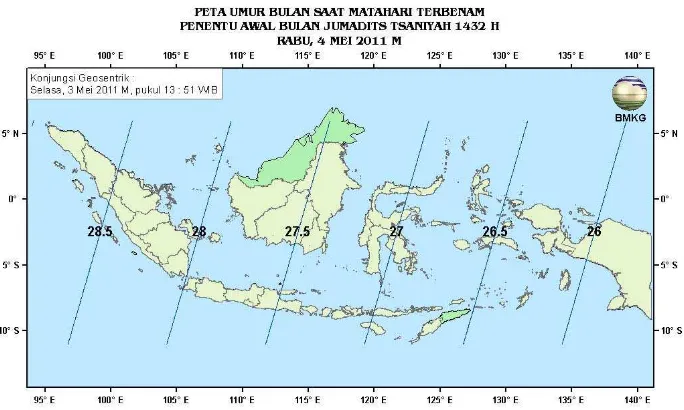 Gambar 8. Peta Umur Bulan tanggal 3 Mei 2011 untuk pengamat di Indonesia 