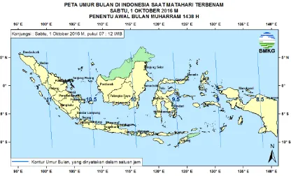 Gambar 5. Peta Elongasi tanggal 1 Oktober 2016 untuk pengamat di Indonesia  