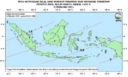 Gambar 2. Peta ketinggian Hilal tanggal 3 Februari 2011 untuk pengamat di Indonesia 