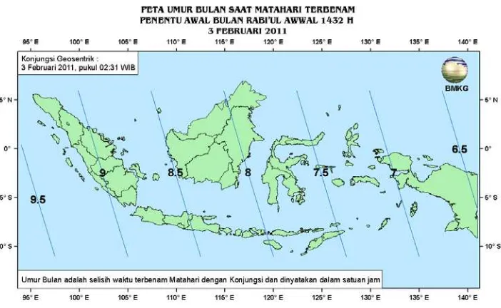 Gambar 4. Peta Elongasi tanggal 3 Februari 2011 untuk pengamat di Indonesia 