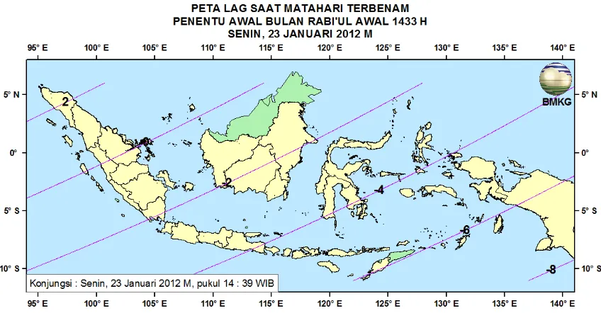 Gambar 5. Peta Umur Bulan tanggal 23 Januari 2012 untuk pengamat di Indonesia 