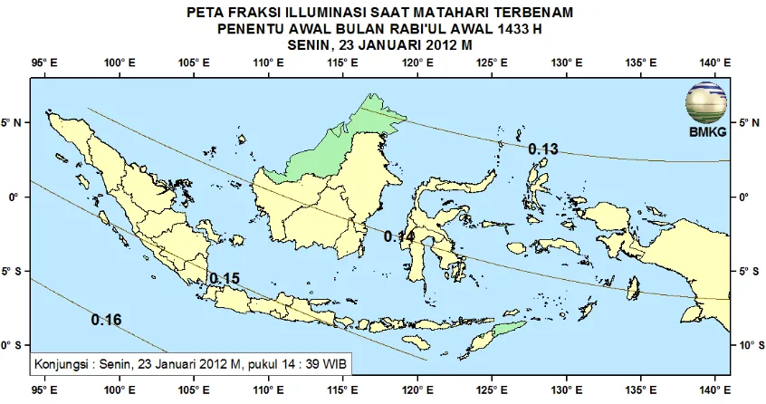 Gambar 7. Peta Fraksi Illuminasi Bulan tanggal 23 Januari 2012 untuk pengamat di Indonesia 