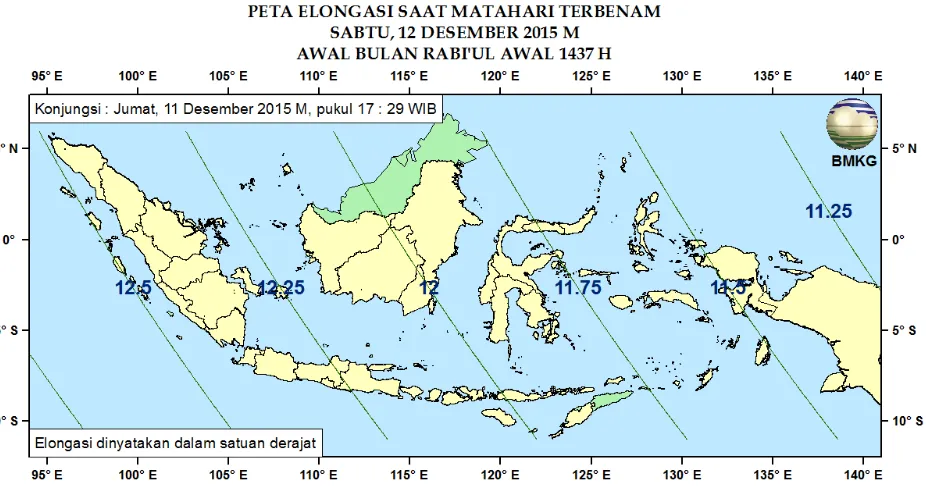 Gambar 3. Peta Elongasi tanggal 11 Desember 2015 untuk pengamat di Indonesia 