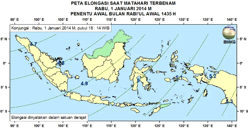 Gambar 3. Peta ketinggian Hilal tanggal 2 Januari 2014 untuk pengamat di Indonesia 