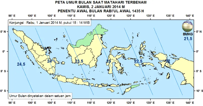 Gambar 5. Peta Elongasi tanggal 2 Januari 2014 untuk pengamat di Indonesia 