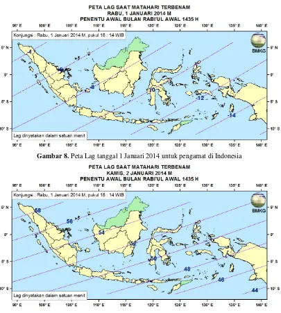 Gambar 8. Peta Lag tanggal 1 Januari 2014 untuk pengamat di Indonesia 