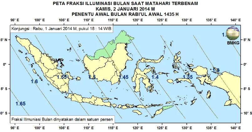 Gambar 10. Peta Fraksi Illuminasi Bulan tanggal 1 Januari 2014 untuk pengamat di Indonesia 