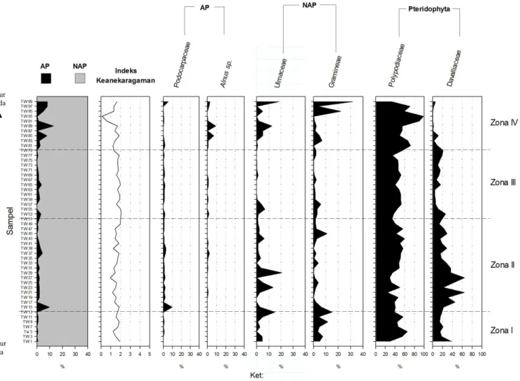 Gambar 1. Dinamika Indeks Keanekaragaman Shannon-Wienner dan persentase AP, NAP serta Pteridophyta    terpilih secara temporal berdasarkan polen dan spora yang ditemukan dalam sedimen Telaga  Warna 