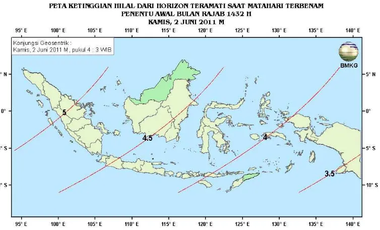 Gambar 3. Peta ketinggian Hilal tanggal 2 Juni 2011 untuk pengamat di Indonesia 