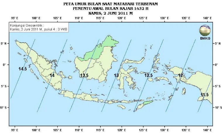 Gambar 6. Peta Umur Bulan tanggal 2 Juni 2011 untuk pengamat di Indonesia 