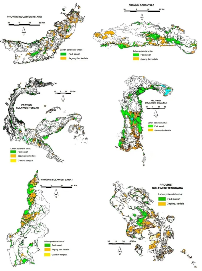 Gambar 3.  Peta sebaran lahan potensial untuk pengembangan padi sawah, jagung dan kedele di Sulawesi 