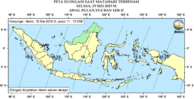 Gambar 3. Peta Elongasi tanggal 18 Mei 2015 untuk pengamat di Indonesia 
