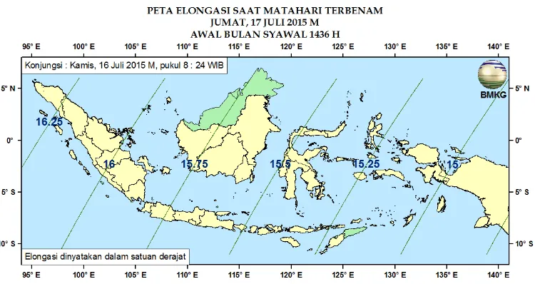 Gambar 3. Peta Elongasi tanggal 16 Juli 2015 untuk pengamat di Indonesia 