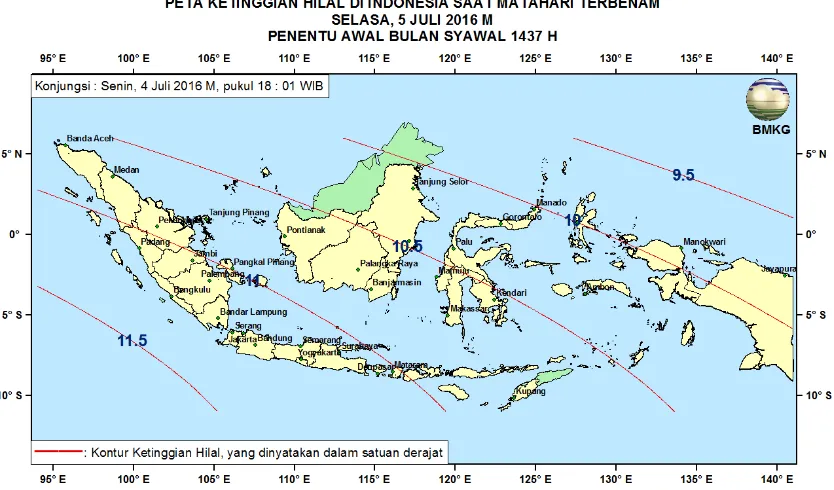 Gambar 3. Peta ketinggian Hilal tanggal 4 Juli 2016 untuk pengamat di Indonesia  (sumber: BMKG) 