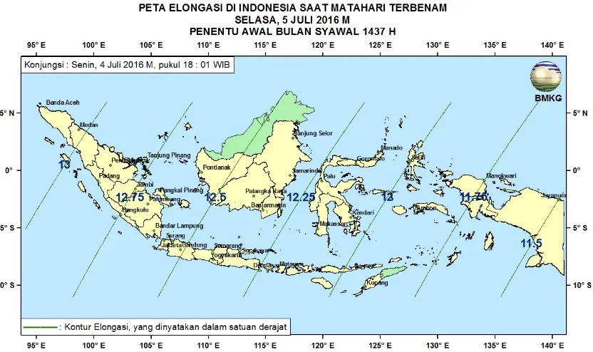 Gambar 5. Peta Elongasi tanggal 4 Juli 2016 untuk pengamat di Indonesia  (sumber: BMKG) 