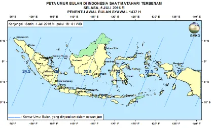 Gambar 7. Peta Umur Bulan tanggal 4 Juli 2016 untuk pengamat di Indonesia  (sumber: BMKG) 
