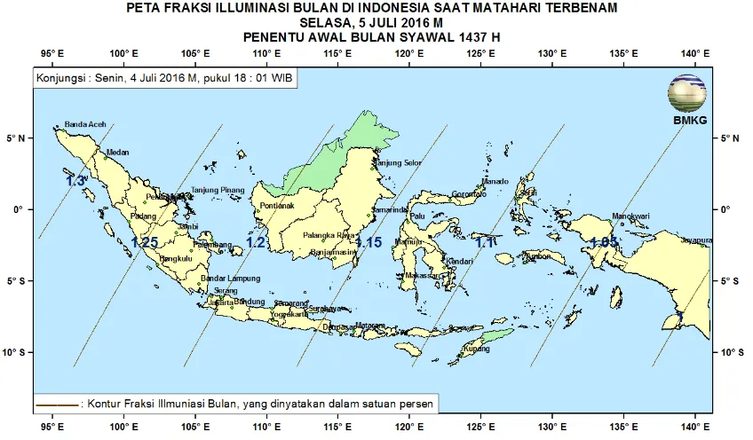 Gambar 9. Peta Fraksi Illuminasi Bulan tanggal 4 Juli 2016 untuk pengamat di Indonesia  (sumber: BMKG) 