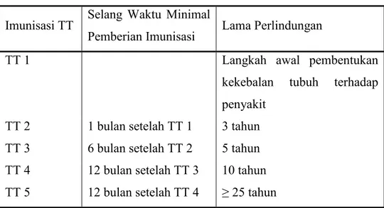 Tabel 2.4  Imunisasi TT  Imunisasi TT  Selang  Waktu  Minimal 