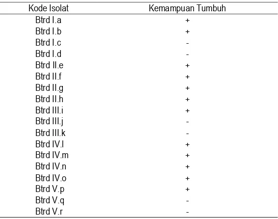 Tabel 1. Delapan belas isolat aktinomisetes yang tersebar di 5 (lima) titik pengambilan sampel 