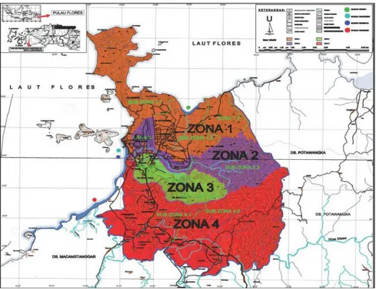 Gambar 4. Pembagian DAS di Kota Labuan Bajo dalam empat sistem penanganan (Zona 1- 1-4)  secara  berurutan  adalah DAS Waebo, DAS Waemata, DAS Waekemiri  dan DAS Waemese (Tatas, dkk 2012)