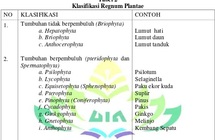 Tabel 2 Klasifikasi Regnum Plantae 