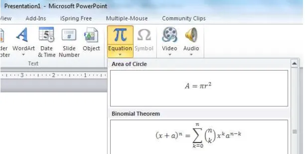 Gambar berikut menunjukkan fasilitas equation pada PowerPoint 2010. 