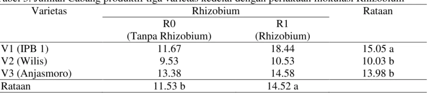 Tabel 3. Jumlah Cabang produktif tiga varietas kedelai dengan perlakuan inokulasi Rhizobium 