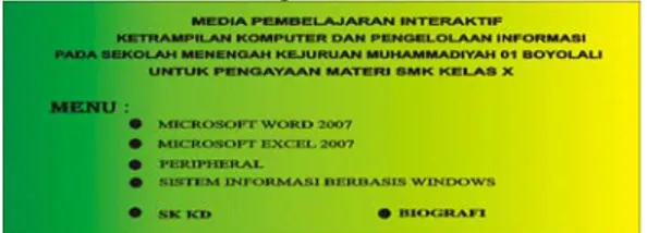 Gambar 4.3. Halaman Microsoft Word 2007  Halaman Microsoft Excel. Untuk tampilan  halaman Microsoft excel terdapat tombol Materi  Microsoft Excel 2007, back, exit  