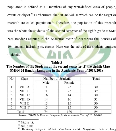Table 3     The Number of the Students at the second semester of  the eighth Class  