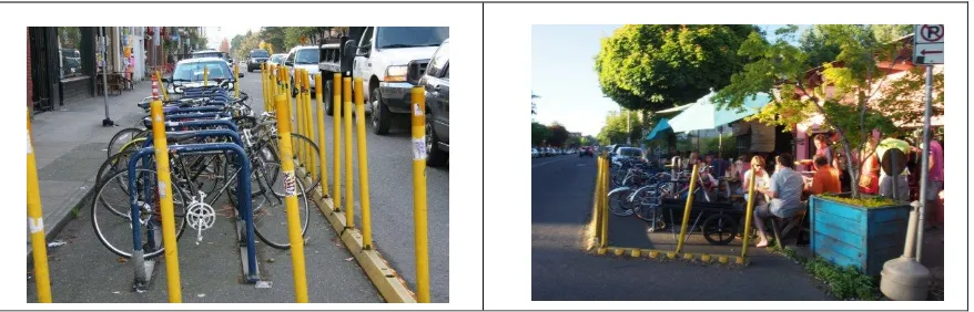 Gambar 7. Penggunaan ruang jalan untuk area parkir sepeda dan area duduk  di Mississippi Avenue in Portland  