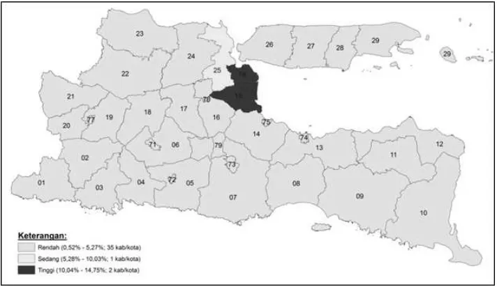 Gambar 5: Lokasi Kutub Pertumbuhan Berdasarkan Laju Pertumbuhan PDRB per KapitaSumber: BPS RI dan BPS Provinsi Jawa Timur (berbagai tahun terbitan), diolah)