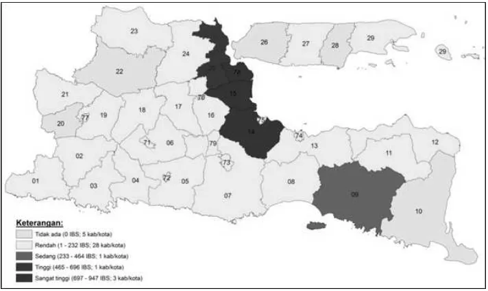 Gambar 7: Sebaran IBS di Provinsi Jawa Timur Tahun 2001Sumber: Daerah Dalam Angka (DDA) Kabupaten/Kota se-Provinsi Jawa Timur (berbagai tahun terbitan), diolah)