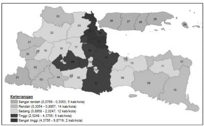 Gambar 3: Rata-Rata Efek Limpahan Pertumbuhan Kabupaten/Kota di Provinsi Jawa TimurSumber: BPS RI dan BPS Provinsi Jawa Timur (berbagai tahun terbitan), diolah