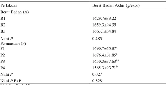 Tabel  6.  Nilai  rata  –  rata  berat  badan  akhir  (g/ekor)  ayam  ras  pedaging  dengan  berat awal dan lama pemuasaan yang berbeda  