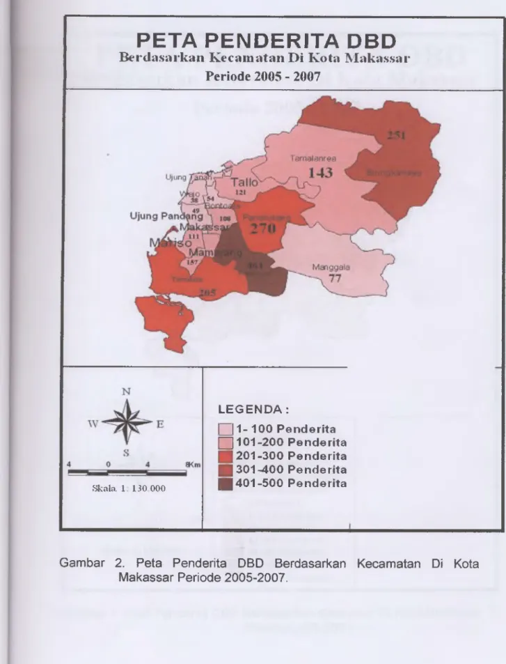 Gambar  2.  Peta  Penderita  DBD  Berdasarkan  Kecamatan  Di  Kota  Makassar Periode 2005-2007.