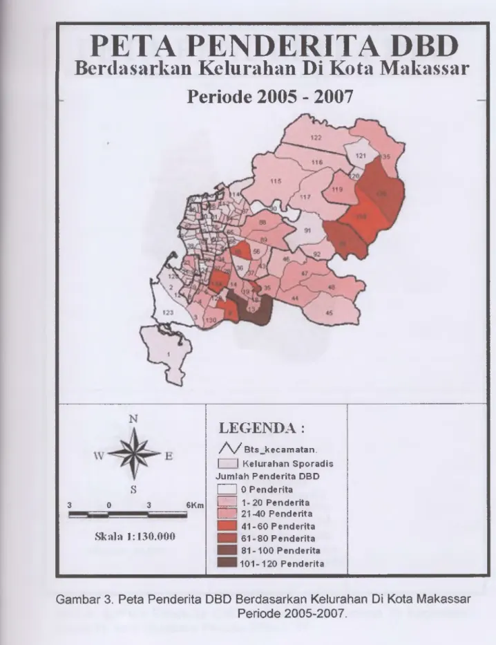 Gambar 3.  Peta Penderita DBD  Berdasarkan  Kelurahan  Di  Kota Makassar Periode 2005-2007.