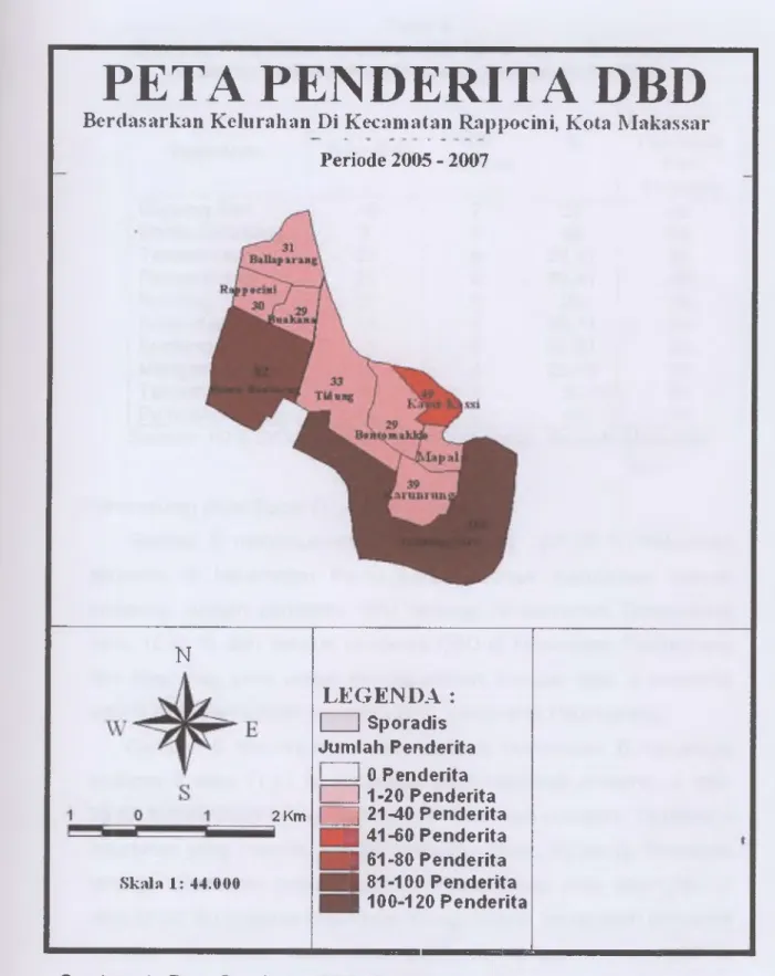 Gambar  4.  Peta  Penderita  DBD  Berdasarkan  Kelurahan  Di  Kecamatan Rappocini,  Kota Makassar Periode 2005-2007